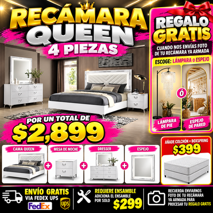 48 - Recamara Queen WIGA-05WH Cassia 4-piece Queen LED Bedroom Set White High Gloss