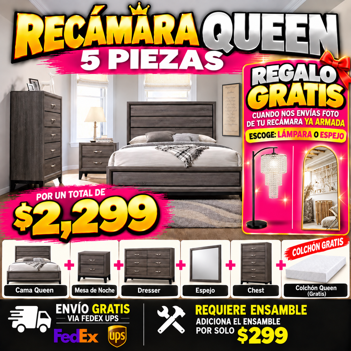 48 - Recamara Queen WIGA-04GY Juego de dormitorio de 5 piezas