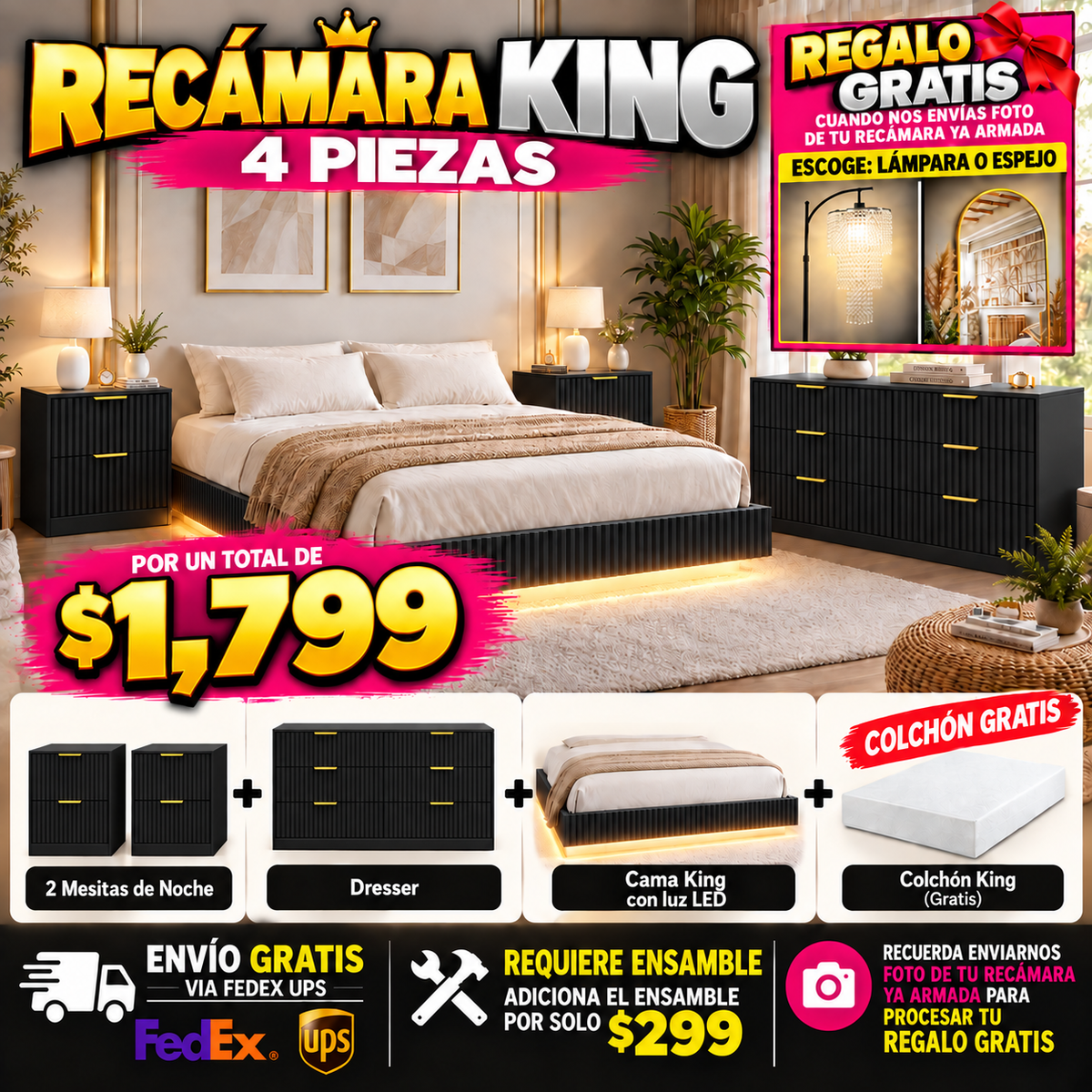 48 - Recamara King WIGA-02BK  Fluted King Floating LED Bed Frame with 2 Nightstands and Fluted 9 Drawer Dressers