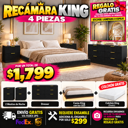 48 - Recamara King WIGA-02BK  Fluted King Floating LED Bed Frame with 2 Nightstands and Fluted 9 Drawer Dressers