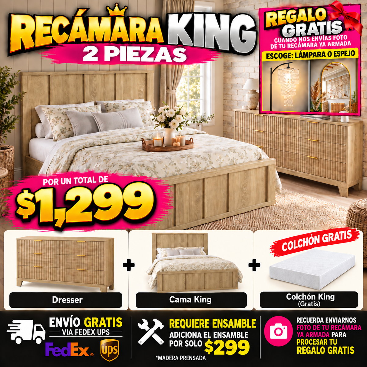 48-REC-WIGA-0003-K Recámara King madera natural 2 piezas