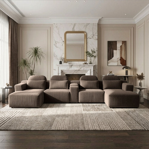 SALA GRIS #27-GRAY Modern grey corduroy 6-seater U-shaped sofa with lounge chair and cup holder -145.7 inch oversized modular compression sofa, suitable for home theaters, luxury living spaces, tool free assembly