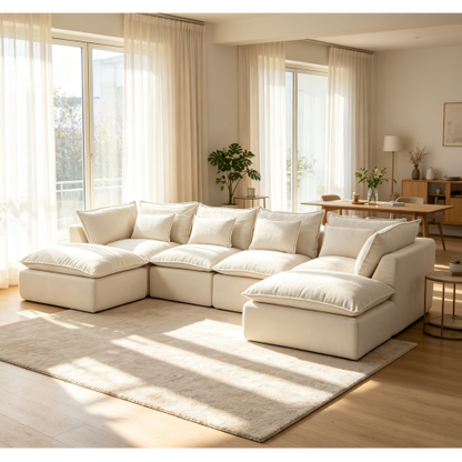 SALA CREMA #22-BEIGE 129.8" Width Cloud Couch Oversized Modular Sectional Sofa True Relax Comfy Couches Wide&Deep Seat Sofas for Living Room Furniture Sets,Waffle Fabric , 4Seat with 2Ottoman