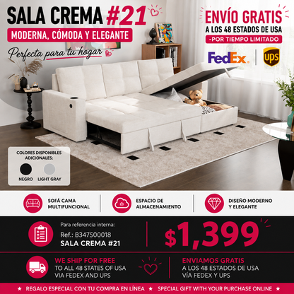 SALA CREMA #21-Beige Convertible Fabric Sofa Bed, Pullout Sectional Sleeper Sofa Couches with USB Charging & Cup Holders, L-Shape Sleeper with Storage For Living Room (Beige)