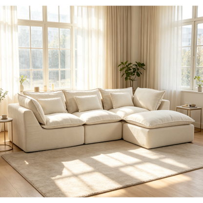 SALA CREMA #23=BEIGE 102.3" Width Cloud Couch Oversized Modular Sectional Sofa True Relax Comfy Couches Wide Deep Seat Sofas for Living Room Furniture Sets, Waffle Fabric ,3Seat with Ottoman