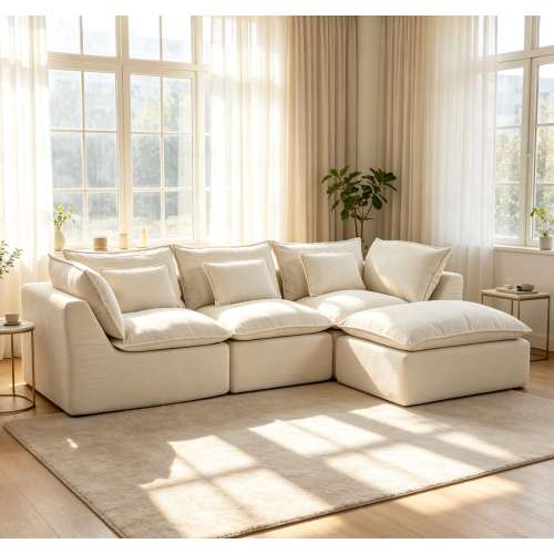 SALA CREMA #23=BEIGE 102.3" Width Cloud Couch Oversized Modular Sectional Sofa True Relax Comfy Couches Wide Deep Seat Sofas for Living Room Furniture Sets, Waffle Fabric ,3Seat with Ottoman