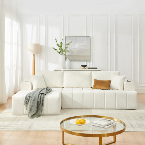 SALA CREMA #11-108" L-Shaped Chenille Sectional Sofa, Cloud Style Boneless Sofa with Chaise, Modern Upholstered Couch with Cup Holders & Side Pockets, Compression Sofa for Living Room, No Assembly Required, Beige