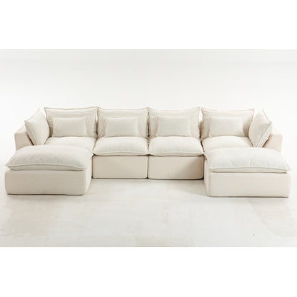 SALA CREMA #22-BEIGE 129.8" Width Cloud Couch Oversized Modular Sectional Sofa True Relax Comfy Couches Wide&Deep Seat Sofas for Living Room Furniture Sets,Waffle Fabric , 4Seat with 2Ottoman