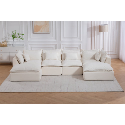 SALA CREMA #22-BEIGE 129.8" Width Cloud Couch Oversized Modular Sectional Sofa True Relax Comfy Couches Wide&Deep Seat Sofas for Living Room Furniture Sets,Waffle Fabric , 4Seat with 2Ottoman
