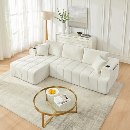 SALA CREMA #11-108" L-Shaped Chenille Sectional Sofa, Cloud Style Boneless Sofa with Chaise, Modern Upholstered Couch with Cup Holders & Side Pockets, Compression Sofa for Living Room, No Assembly Required, Beige