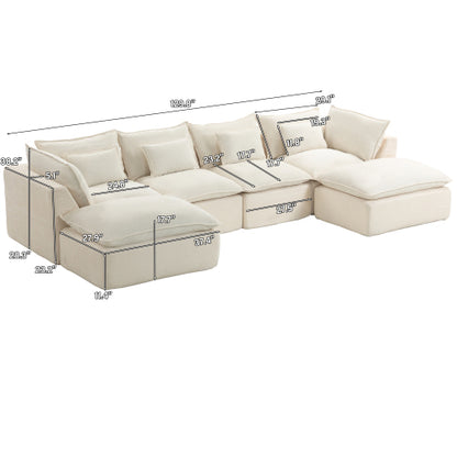 SALA CREMA #22-BEIGE 129.8" Width Cloud Couch Oversized Modular Sectional Sofa True Relax Comfy Couches Wide&Deep Seat Sofas for Living Room Furniture Sets,Waffle Fabric , 4Seat with 2Ottoman