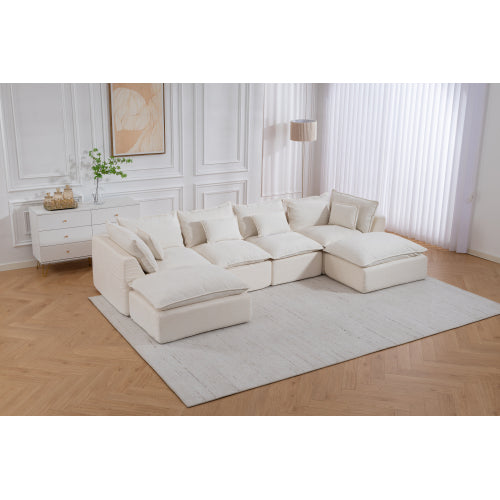 SALA CREMA #22-BEIGE 129.8" Width Cloud Couch Oversized Modular Sectional Sofa True Relax Comfy Couches Wide&Deep Seat Sofas for Living Room Furniture Sets,Waffle Fabric , 4Seat with 2Ottoman
