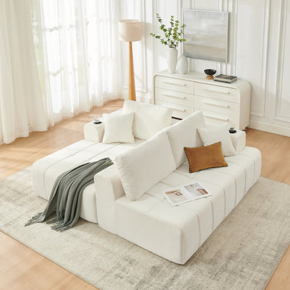 SALA CREMA #11-108" L-Shaped Chenille Sectional Sofa, Cloud Style Boneless Sofa with Chaise, Modern Upholstered Couch with Cup Holders & Side Pockets, Compression Sofa for Living Room, No Assembly Required, Beige