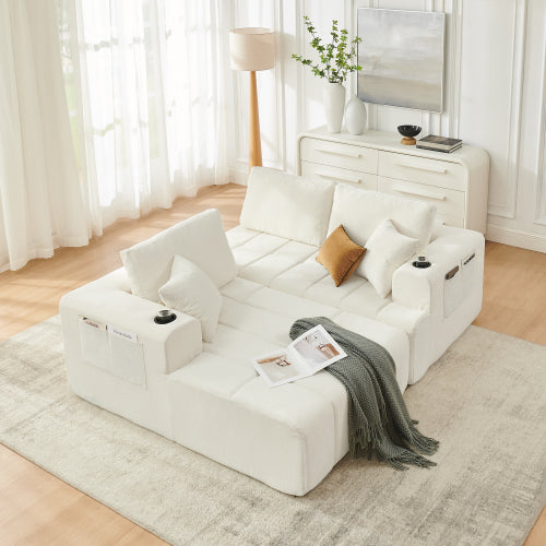 SALA CREMA #11-108" L-Shaped Chenille Sectional Sofa, Cloud Style Boneless Sofa with Chaise, Modern Upholstered Couch with Cup Holders & Side Pockets, Compression Sofa for Living Room, No Assembly Required, Beige