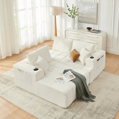 SALA CREMA #11-108" L-Shaped Chenille Sectional Sofa, Cloud Style Boneless Sofa with Chaise, Modern Upholstered Couch with Cup Holders & Side Pockets, Compression Sofa for Living Room, No Assembly Required, Beige