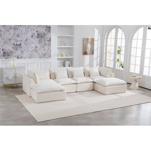 SALA CREMA #22-BEIGE 129.8" Width Cloud Couch Oversized Modular Sectional Sofa True Relax Comfy Couches Wide&Deep Seat Sofas for Living Room Furniture Sets,Waffle Fabric , 4Seat with 2Ottoman