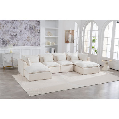 SALA CREMA #22-BEIGE 129.8" Width Cloud Couch Oversized Modular Sectional Sofa True Relax Comfy Couches Wide&Deep Seat Sofas for Living Room Furniture Sets,Waffle Fabric , 4Seat with 2Ottoman
