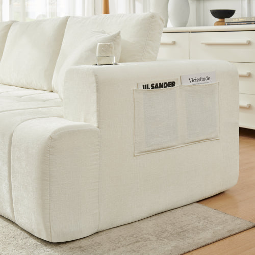SALA CREMA #11-108" L-Shaped Chenille Sectional Sofa, Cloud Style Boneless Sofa with Chaise, Modern Upholstered Couch with Cup Holders & Side Pockets, Compression Sofa for Living Room, No Assembly Required, Beige