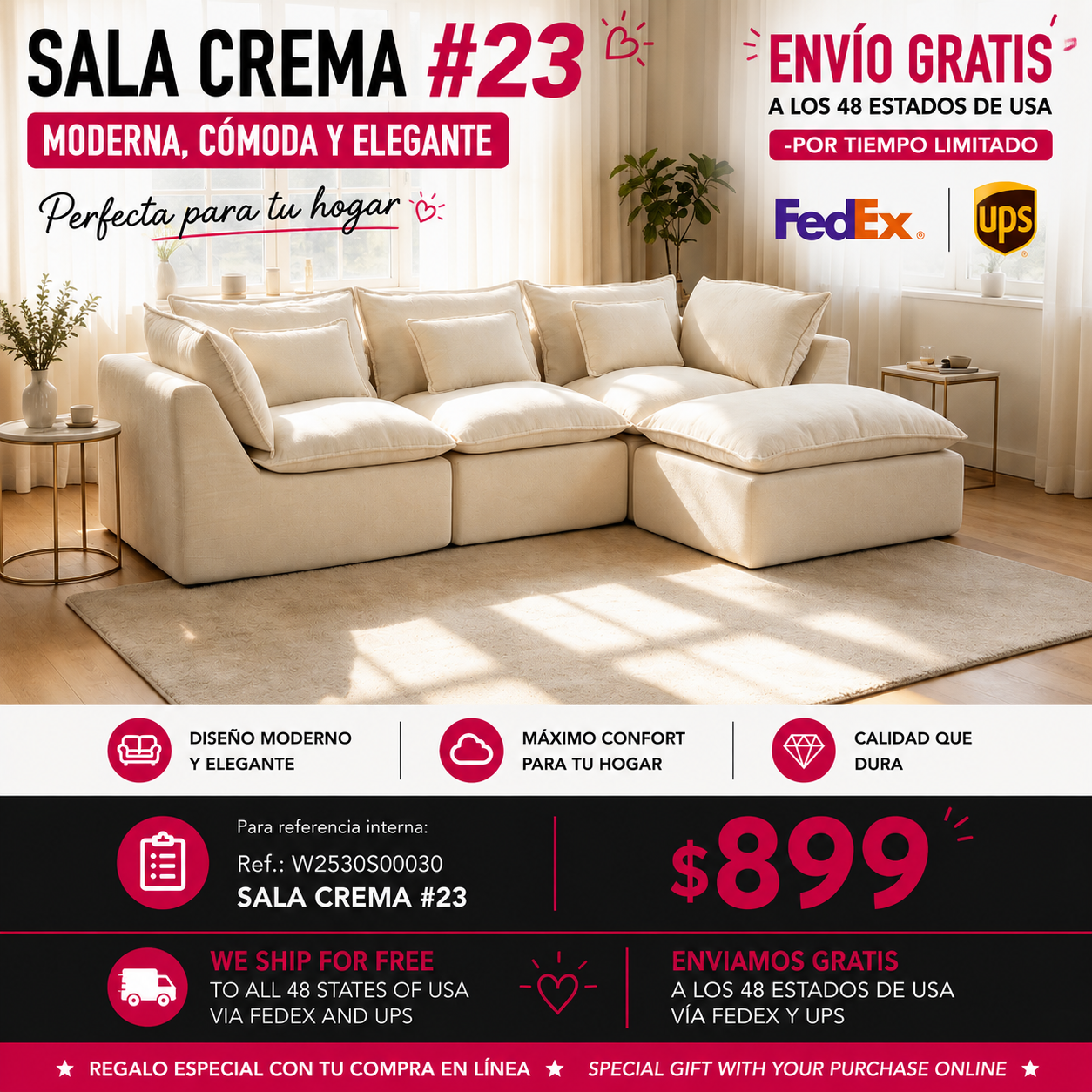 SALA CREMA #23=BEIGE 102.3" Width Cloud Couch Oversized Modular Sectional Sofa True Relax Comfy Couches Wide Deep Seat Sofas for Living Room Furniture Sets, Waffle Fabric ,3Seat with Ottoman