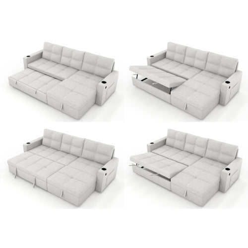 SALA CREMA #21-Beige Convertible Fabric Sofa Bed, Pullout Sectional Sleeper Sofa Couches with USB Charging & Cup Holders, L-Shape Sleeper with Storage For Living Room (Beige)