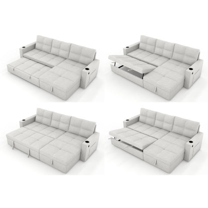 SALA CREMA #21-Beige Convertible Fabric Sofa Bed, Pullout Sectional Sleeper Sofa Couches with USB Charging & Cup Holders, L-Shape Sleeper with Storage For Living Room (Beige)