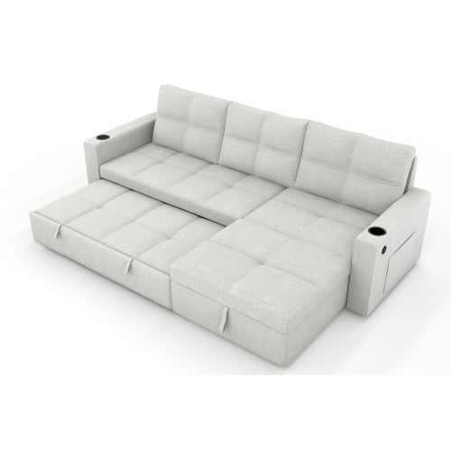 SALA CREMA #21-Beige Convertible Fabric Sofa Bed, Pullout Sectional Sleeper Sofa Couches with USB Charging & Cup Holders, L-Shape Sleeper with Storage For Living Room (Beige)