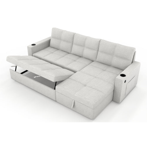 SALA CREMA #21-Beige Convertible Fabric Sofa Bed, Pullout Sectional Sleeper Sofa Couches with USB Charging & Cup Holders, L-Shape Sleeper with Storage For Living Room (Beige)