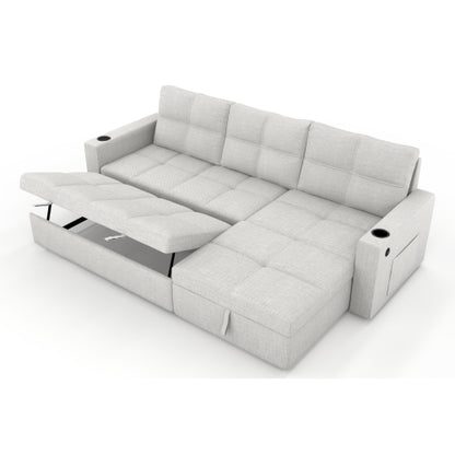 SALA CREMA #21-Beige Convertible Fabric Sofa Bed, Pullout Sectional Sleeper Sofa Couches with USB Charging & Cup Holders, L-Shape Sleeper with Storage For Living Room (Beige)