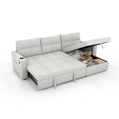SALA CREMA #21-Beige Convertible Fabric Sofa Bed, Pullout Sectional Sleeper Sofa Couches with USB Charging & Cup Holders, L-Shape Sleeper with Storage For Living Room (Beige)