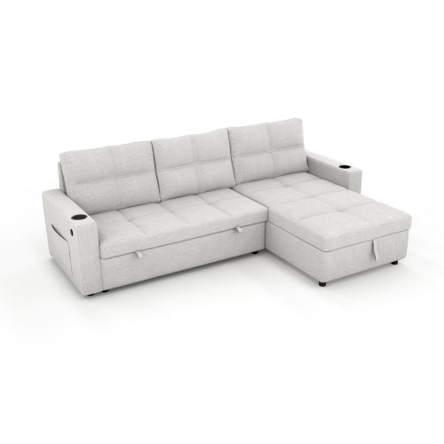 SALA CREMA #21-Beige Convertible Fabric Sofa Bed, Pullout Sectional Sleeper Sofa Couches with USB Charging & Cup Holders, L-Shape Sleeper with Storage For Living Room (Beige)