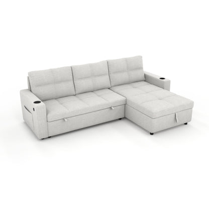 SALA CREMA #21-Beige Convertible Fabric Sofa Bed, Pullout Sectional Sleeper Sofa Couches with USB Charging & Cup Holders, L-Shape Sleeper with Storage For Living Room (Beige)