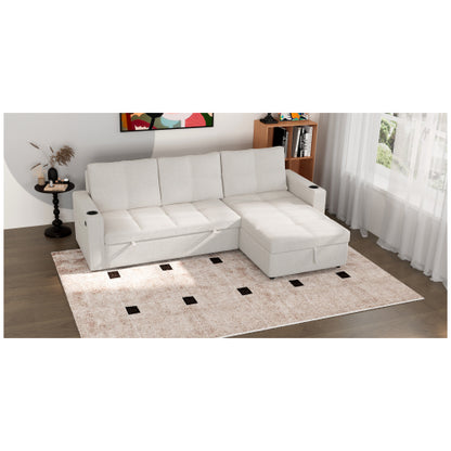 SALA CREMA #21-Beige Convertible Fabric Sofa Bed, Pullout Sectional Sleeper Sofa Couches with USB Charging & Cup Holders, L-Shape Sleeper with Storage For Living Room (Beige)