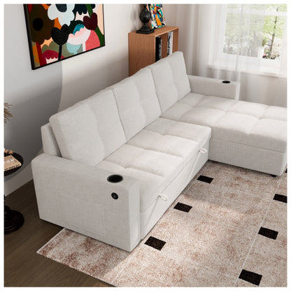 SALA CREMA #21-Beige Convertible Fabric Sofa Bed, Pullout Sectional Sleeper Sofa Couches with USB Charging & Cup Holders, L-Shape Sleeper with Storage For Living Room (Beige)