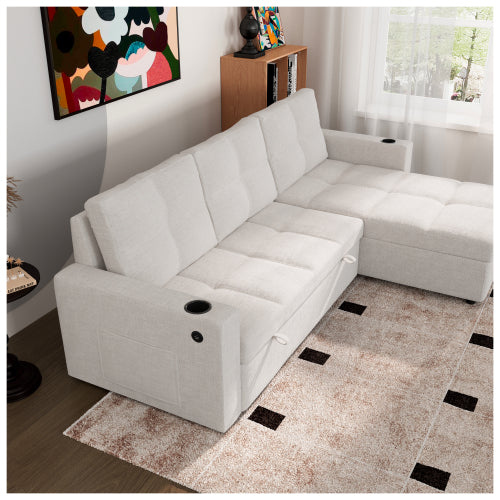 SALA CREMA #21-Beige Convertible Fabric Sofa Bed, Pullout Sectional Sleeper Sofa Couches with USB Charging & Cup Holders, L-Shape Sleeper with Storage For Living Room (Beige)