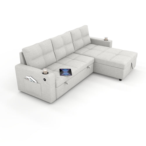 SALA CREMA #21-Beige Convertible Fabric Sofa Bed, Pullout Sectional Sleeper Sofa Couches with USB Charging & Cup Holders, L-Shape Sleeper with Storage For Living Room (Beige)