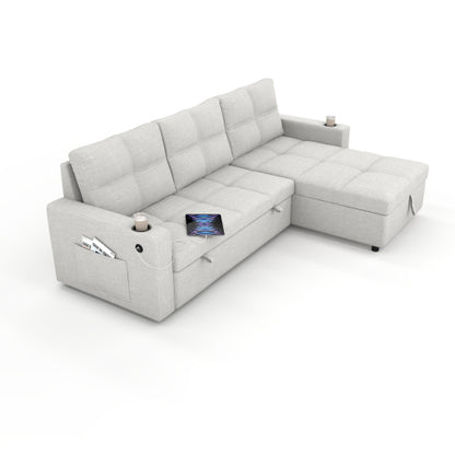 SALA CREMA #21-Beige Convertible Fabric Sofa Bed, Pullout Sectional Sleeper Sofa Couches with USB Charging & Cup Holders, L-Shape Sleeper with Storage For Living Room (Beige)