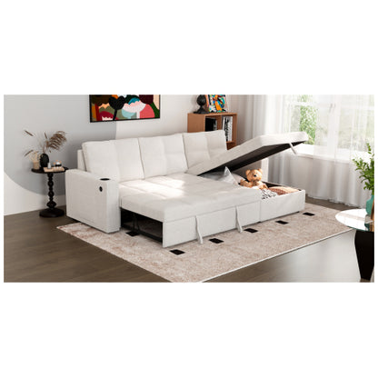 SALA CREMA #21-Beige Convertible Fabric Sofa Bed, Pullout Sectional Sleeper Sofa Couches with USB Charging & Cup Holders, L-Shape Sleeper with Storage For Living Room (Beige)