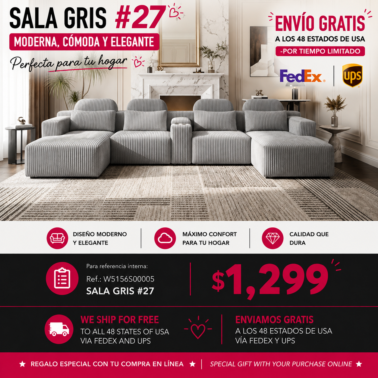 SALA GRIS #27-GRAY Modern grey corduroy 6-seater U-shaped sofa with lounge chair and cup holder -145.7 inch oversized modular compression sofa, suitable for home theaters, luxury living spaces, tool free assembly