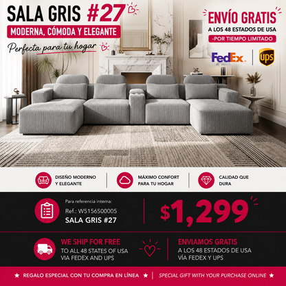 SALA GRIS #27-GRAY Modern grey corduroy 6-seater U-shaped sofa with lounge chair and cup holder -145.7 inch oversized modular compression sofa, suitable for home theaters, luxury living spaces, tool free assembly