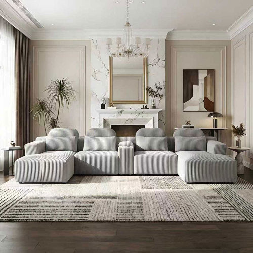 SALA GRIS #27-GRAY Modern grey corduroy 6-seater U-shaped sofa with lounge chair and cup holder -145.7 inch oversized modular compression sofa, suitable for home theaters, luxury living spaces, tool free assembly