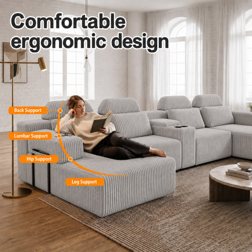 SALA GRIS #27-GRAY Modern grey corduroy 6-seater U-shaped sofa with lounge chair and cup holder -145.7 inch oversized modular compression sofa, suitable for home theaters, luxury living spaces, tool free assembly