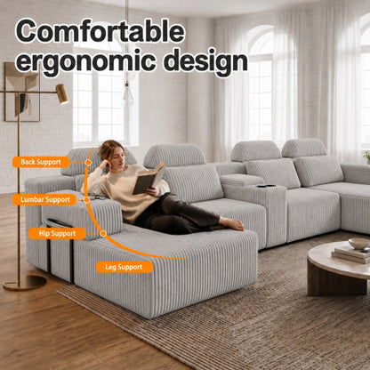 SALA GRIS #27-GRAY Modern grey corduroy 6-seater U-shaped sofa with lounge chair and cup holder -145.7 inch oversized modular compression sofa, suitable for home theaters, luxury living spaces, tool free assembly