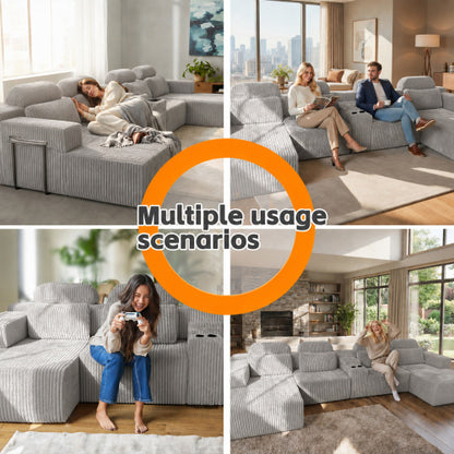 SALA GRIS #27-GRAY Modern grey corduroy 6-seater U-shaped sofa with lounge chair and cup holder -145.7 inch oversized modular compression sofa, suitable for home theaters, luxury living spaces, tool free assembly