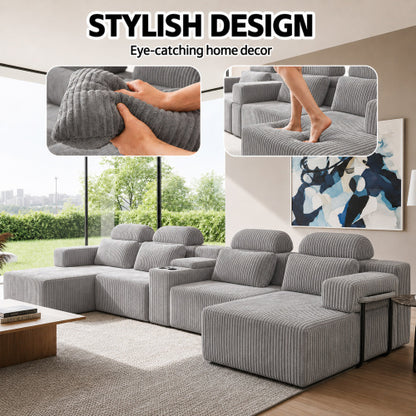 SALA GRIS #27-GRAY Modern grey corduroy 6-seater U-shaped sofa with lounge chair and cup holder -145.7 inch oversized modular compression sofa, suitable for home theaters, luxury living spaces, tool free assembly