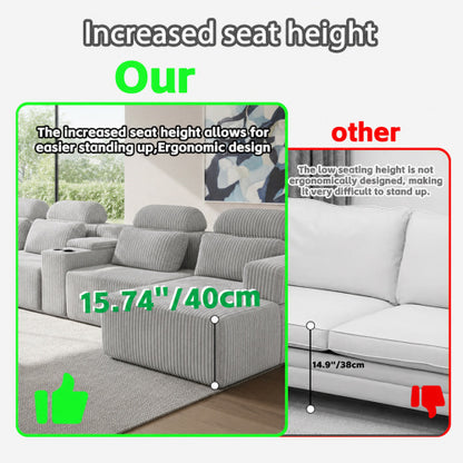 SALA GRIS #27-GRAY Modern grey corduroy 6-seater U-shaped sofa with lounge chair and cup holder -145.7 inch oversized modular compression sofa, suitable for home theaters, luxury living spaces, tool free assembly