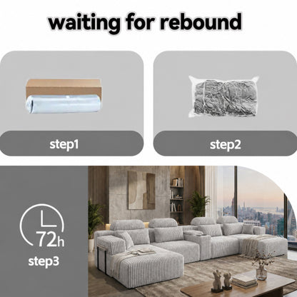 SALA GRIS #27-GRAY Modern grey corduroy 6-seater U-shaped sofa with lounge chair and cup holder -145.7 inch oversized modular compression sofa, suitable for home theaters, luxury living spaces, tool free assembly