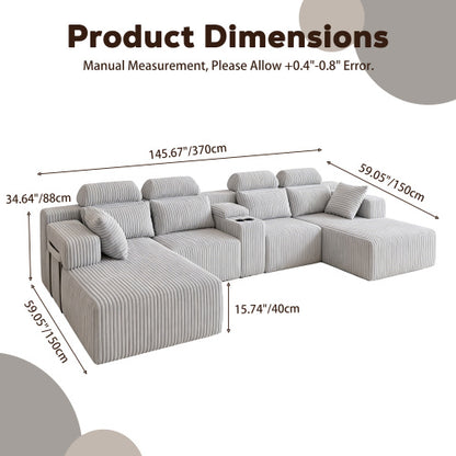 SALA GRIS #27-GRAY Modern grey corduroy 6-seater U-shaped sofa with lounge chair and cup holder -145.7 inch oversized modular compression sofa, suitable for home theaters, luxury living spaces, tool free assembly