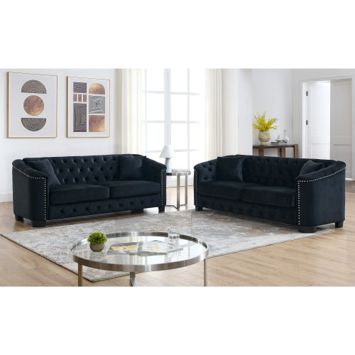 SALA NEGRAS #39 BLACK Velvet Chelsfield Sofa Set, featuring extra-deep seat cushions with padded armrests, tufted buttons, and brass studs, complete with throw pillows and plastic legs