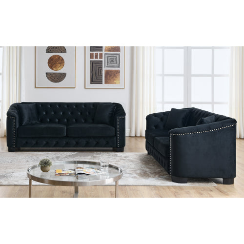 SALA NEGRAS #39 BLACK Velvet Chelsfield Sofa Set, featuring extra-deep seat cushions with padded armrests, tufted buttons, and brass studs, complete with throw pillows and plastic legs