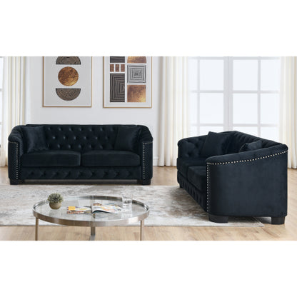 SALA NEGRAS #39 BLACK Velvet Chelsfield Sofa Set, featuring extra-deep seat cushions with padded armrests, tufted buttons, and brass studs, complete with throw pillows and plastic legs